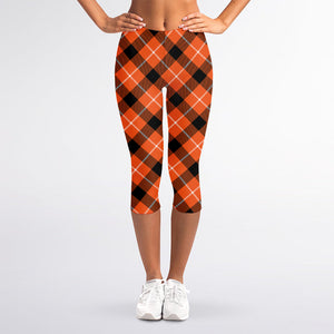 Orange Black And White Plaid Print Women's Capri Leggings