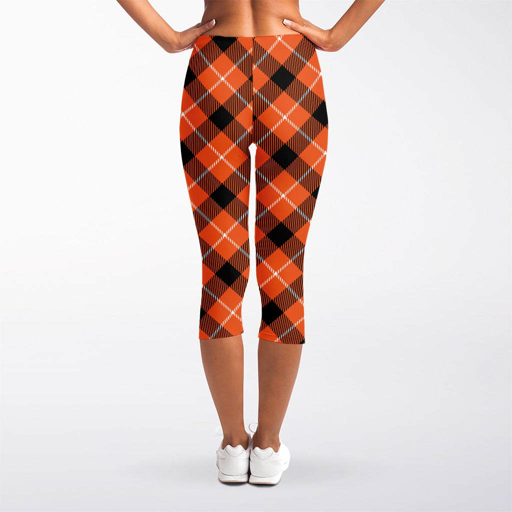 Orange Black And White Plaid Print Women's Capri Leggings