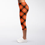 Orange Black And White Plaid Print Women's Capri Leggings