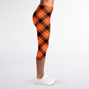 Orange Black And White Plaid Print Women's Capri Leggings