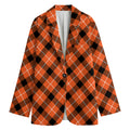 Orange Black And White Plaid Print Women's Cotton Blazer