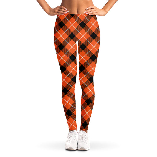 Orange Black And White Plaid Print Women's Leggings