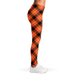 Orange Black And White Plaid Print Women's Leggings