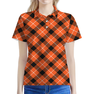 Orange Black And White Plaid Print Women's Polo Shirt