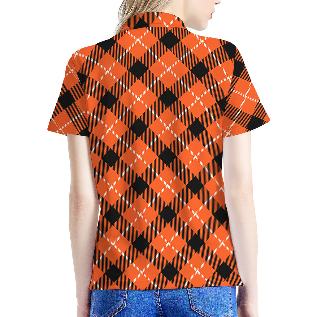 Orange Black And White Plaid Print Women's Polo Shirt