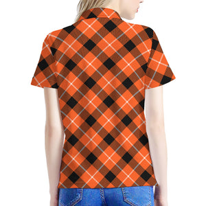 Orange Black And White Plaid Print Women's Polo Shirt