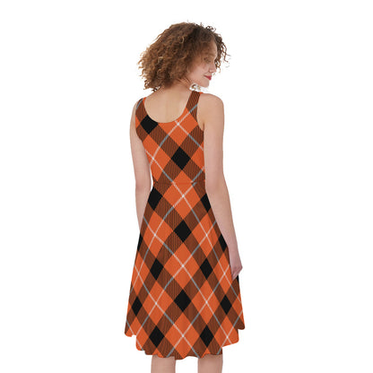 Orange Black And White Plaid Print Women's Sleeveless Dress