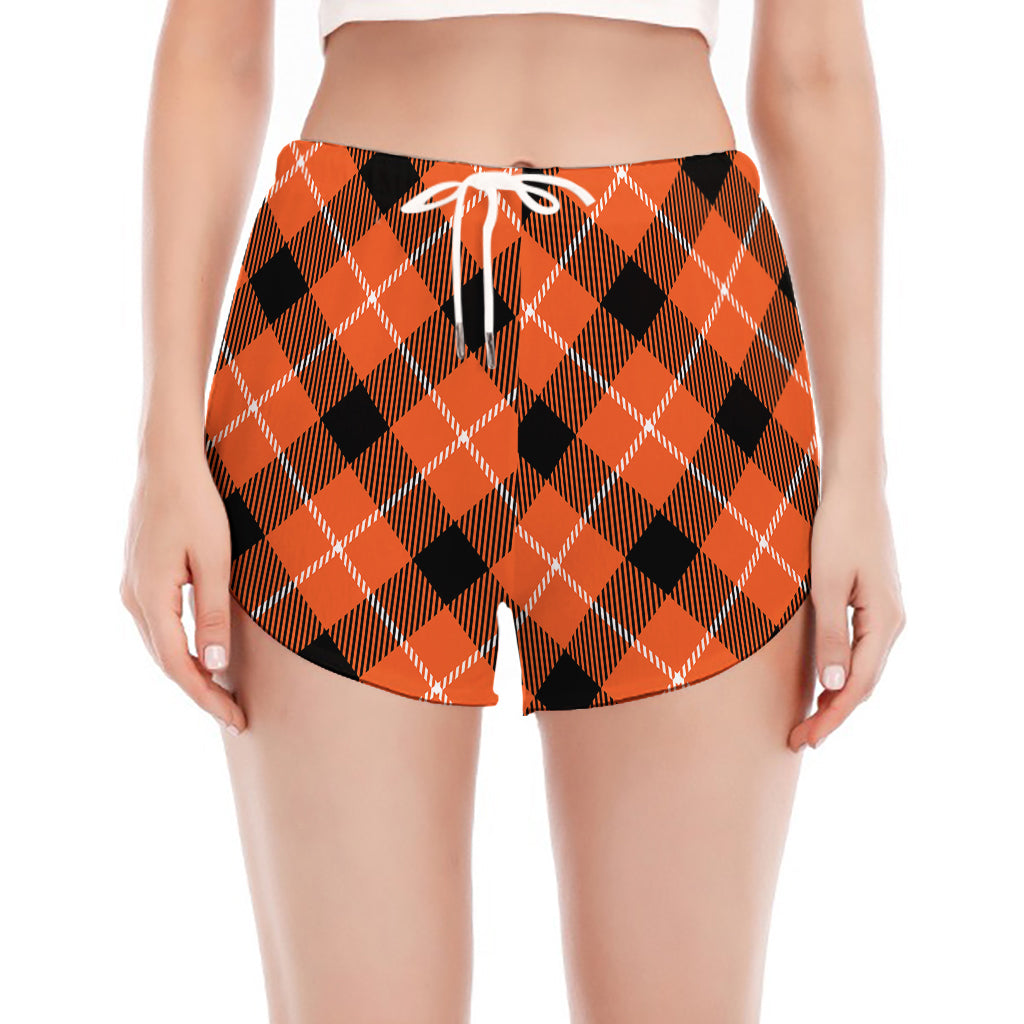 Orange Black And White Plaid Print Women's Split Running Shorts