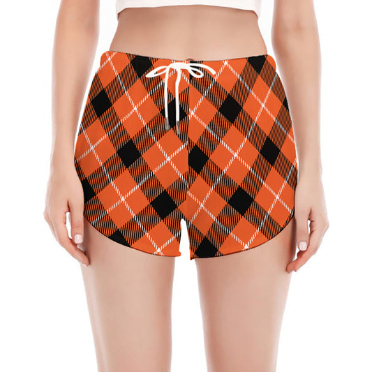 Orange Black And White Plaid Print Women's Split Running Shorts