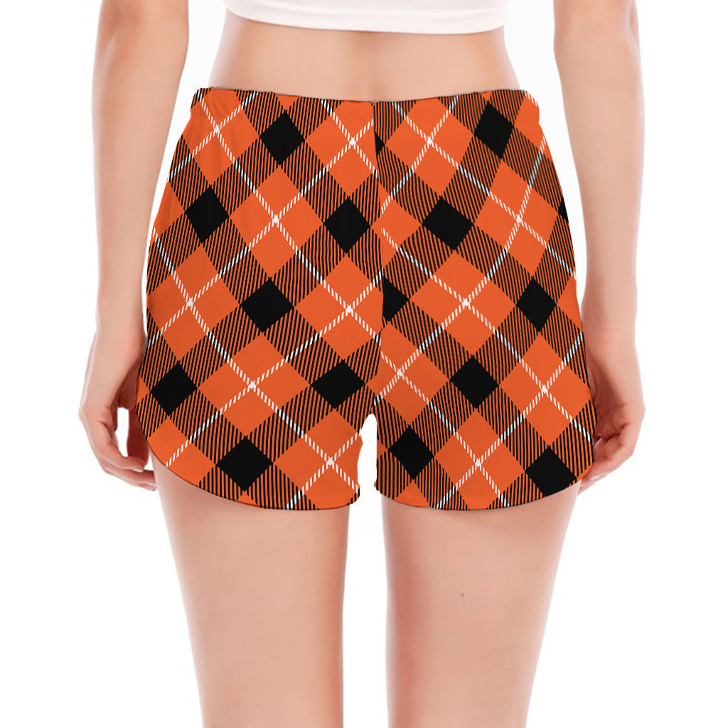 Orange Black And White Plaid Print Women's Split Running Shorts