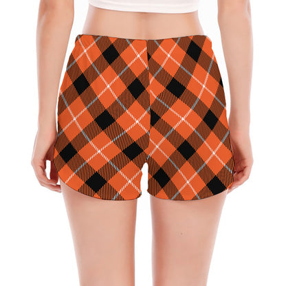 Orange Black And White Plaid Print Women's Split Running Shorts