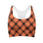 Orange Black And White Plaid Print Women's Sports Bra