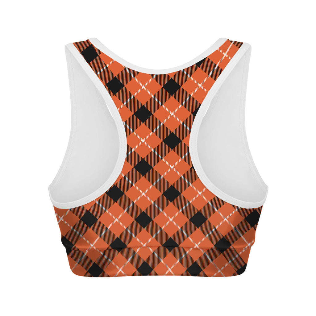 Orange Black And White Plaid Print Women's Sports Bra