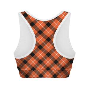 Orange Black And White Plaid Print Women's Sports Bra