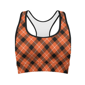 Orange Black And White Plaid Print Women's Sports Bra