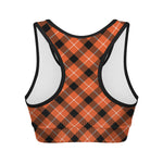 Orange Black And White Plaid Print Women's Sports Bra