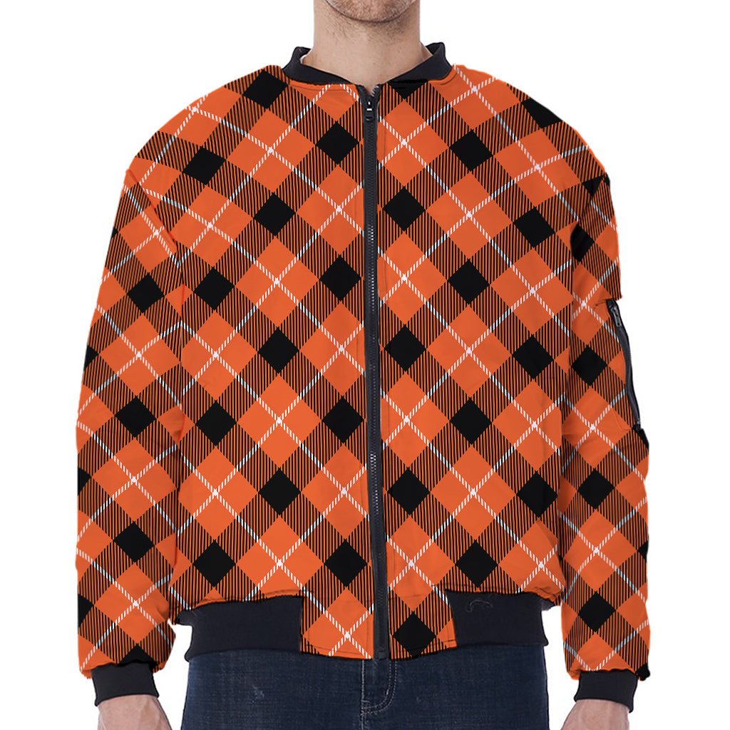 Orange Black And White Plaid Print Zip Sleeve Bomber Jacket