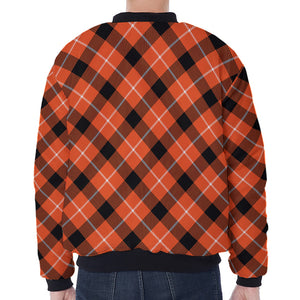 Orange Black And White Plaid Print Zip Sleeve Bomber Jacket