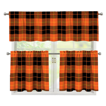Orange Black And Yellow Tartan Print 3 Piece Kitchen Curtains