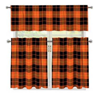 Orange Black And Yellow Tartan Print 3 Piece Kitchen Curtains