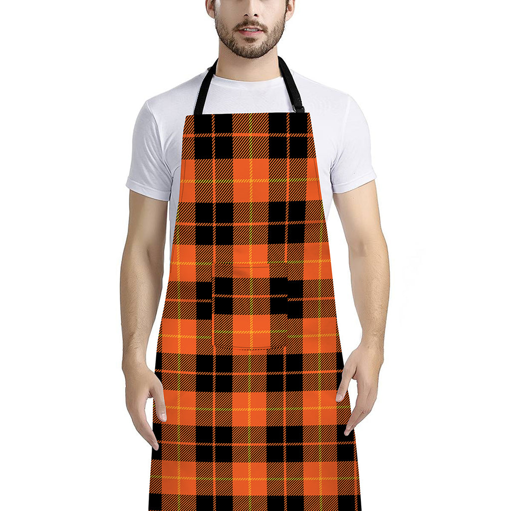 Orange Black And Yellow Tartan Print Bib Apron With Pocket