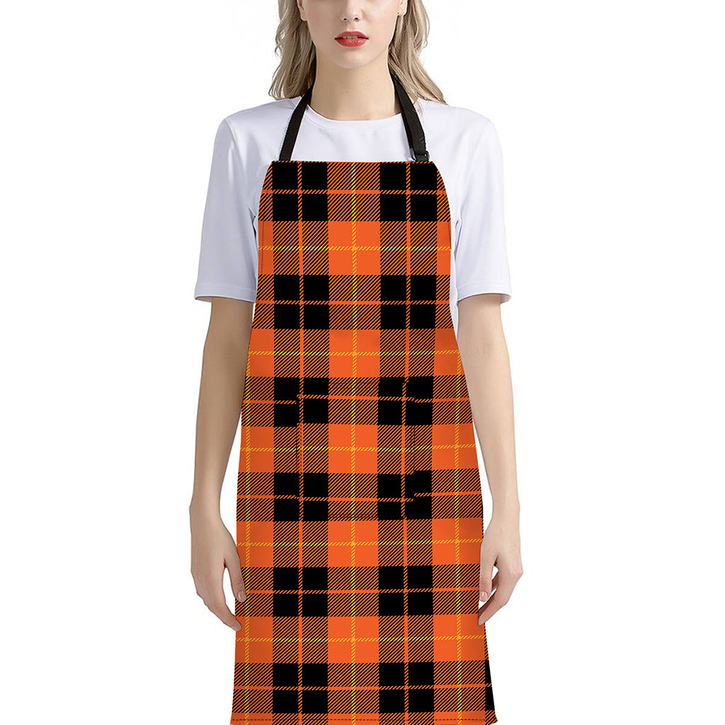 Orange Black And Yellow Tartan Print Bib Apron With Pocket