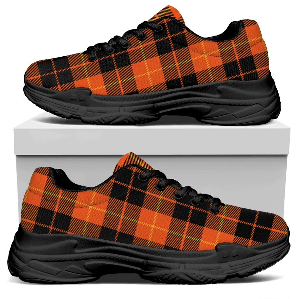 Orange Black And Yellow Tartan Print Black Chunky Shoes
