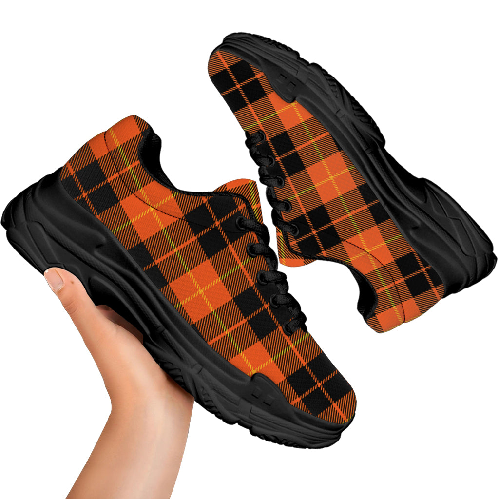 Orange Black And Yellow Tartan Print Black Chunky Shoes