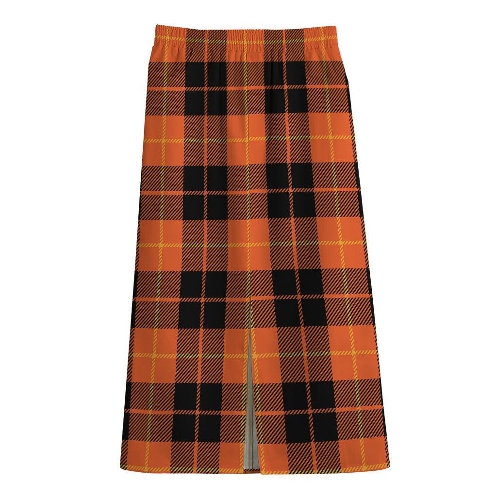 Orange Black And Yellow Tartan Print Cotton Front Slit Maxi Skirt