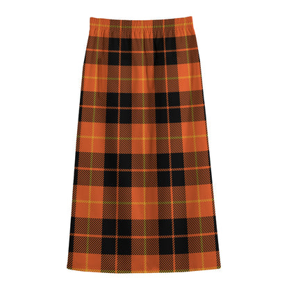 Orange Black And Yellow Tartan Print Cotton Front Slit Maxi Skirt