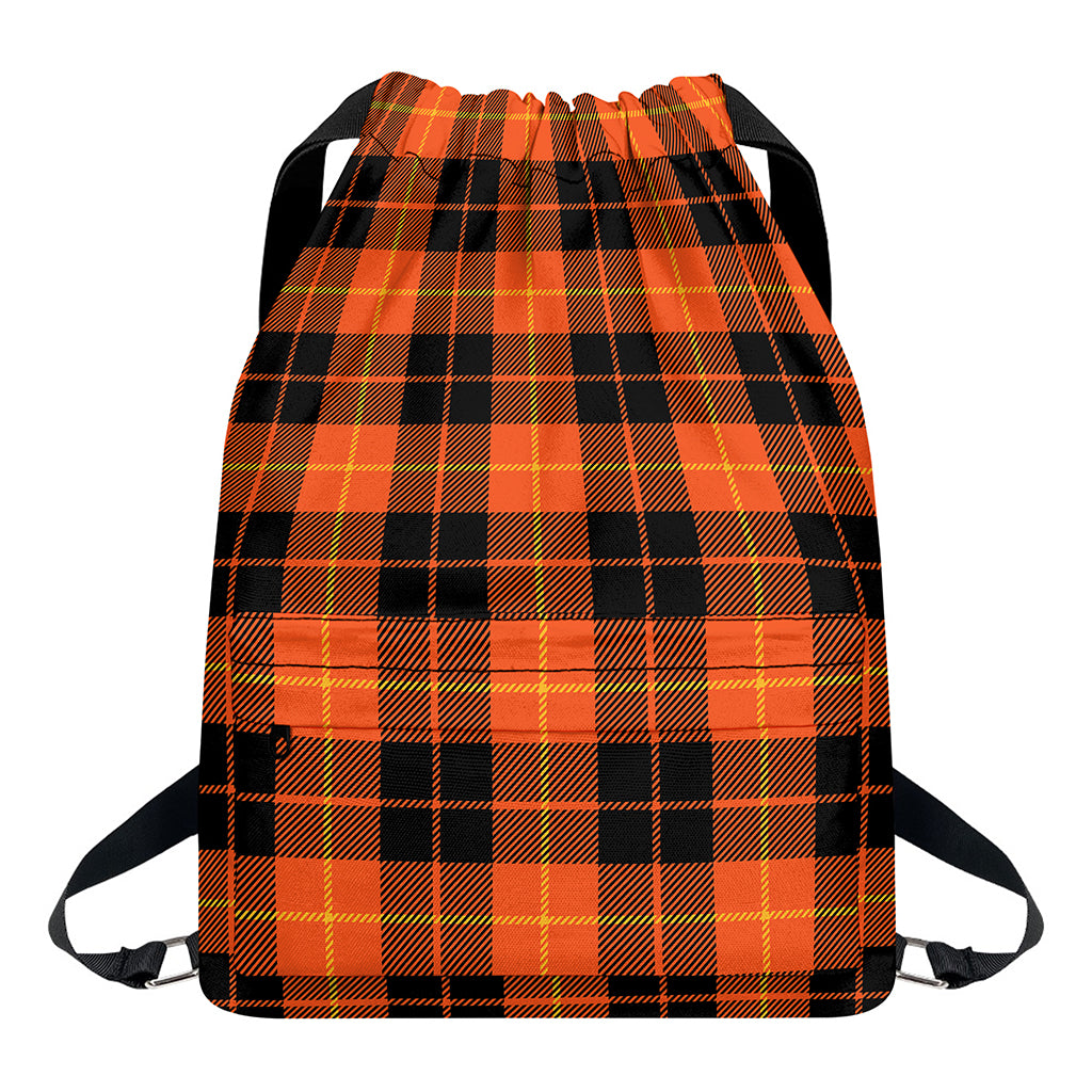 Orange Black And Yellow Tartan Print Drawstring Backpack