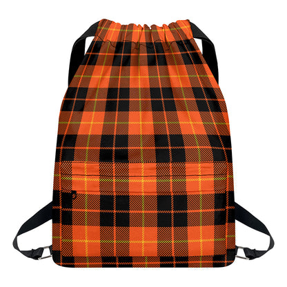 Orange Black And Yellow Tartan Print Drawstring Backpack