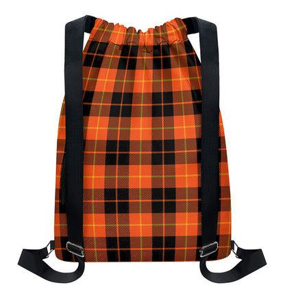 Orange Black And Yellow Tartan Print Drawstring Backpack