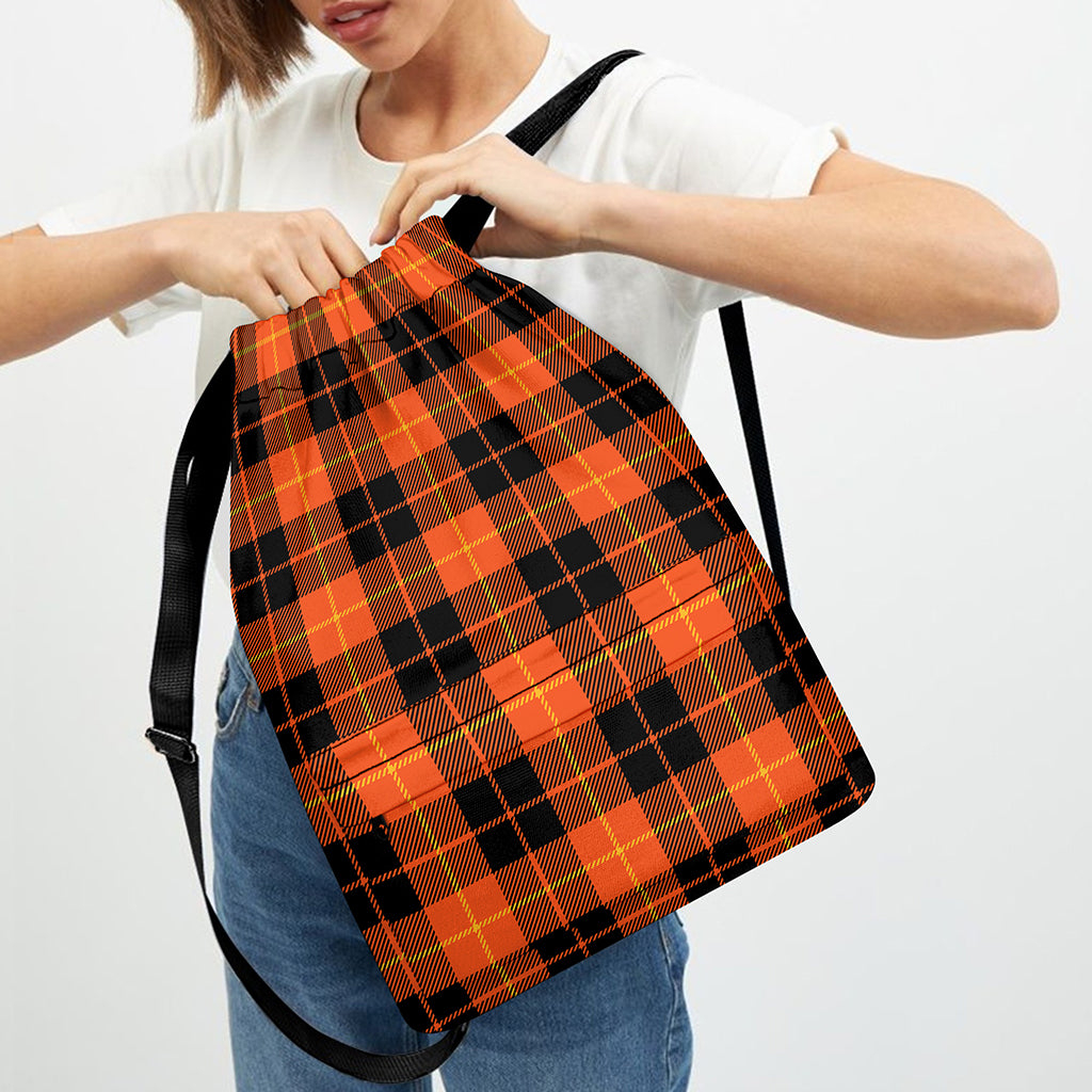 Orange Black And Yellow Tartan Print Drawstring Backpack