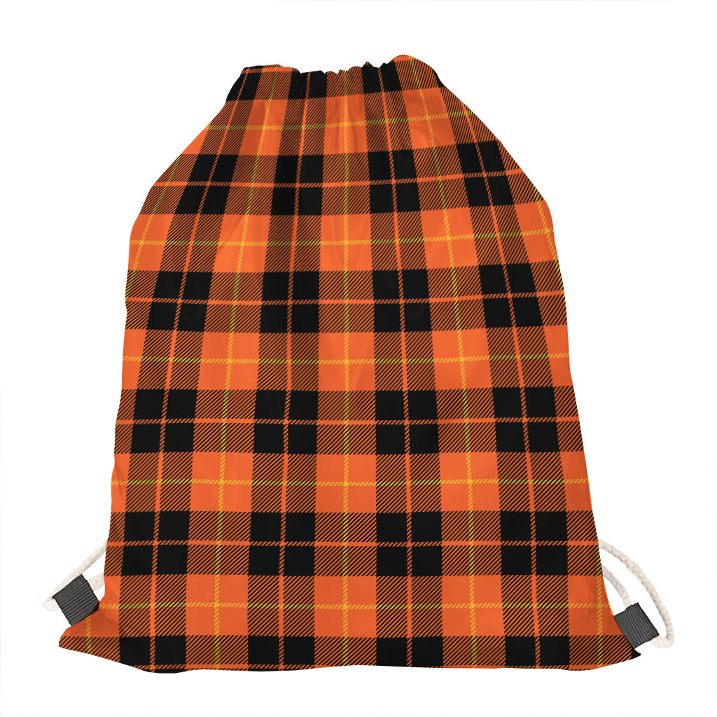 Orange Black And Yellow Tartan Print Drawstring Bag