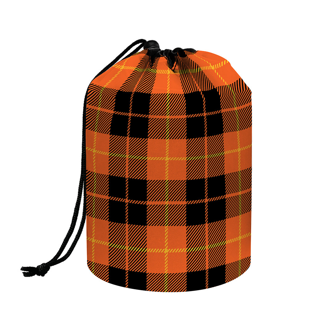 Orange Black And Yellow Tartan Print Drawstring Makeup Bag