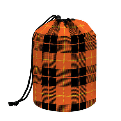 Orange Black And Yellow Tartan Print Drawstring Makeup Bag
