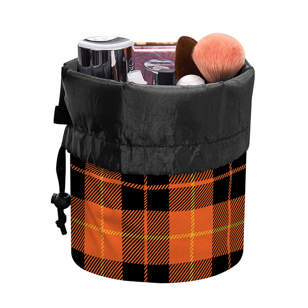 Orange Black And Yellow Tartan Print Drawstring Makeup Bag