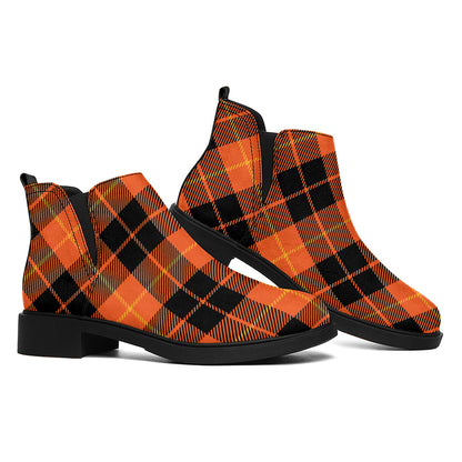 Orange Black And Yellow Tartan Print Flat Ankle Boots