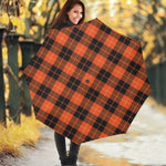 Orange Black And Yellow Tartan Print Foldable Umbrella