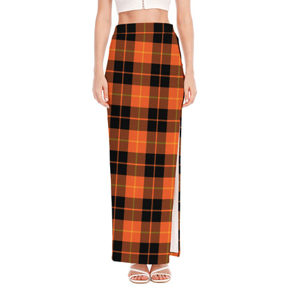 Orange Black And Yellow Tartan Print High Slit Maxi Skirt