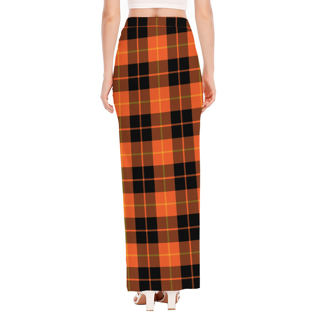 Orange Black And Yellow Tartan Print High Slit Maxi Skirt