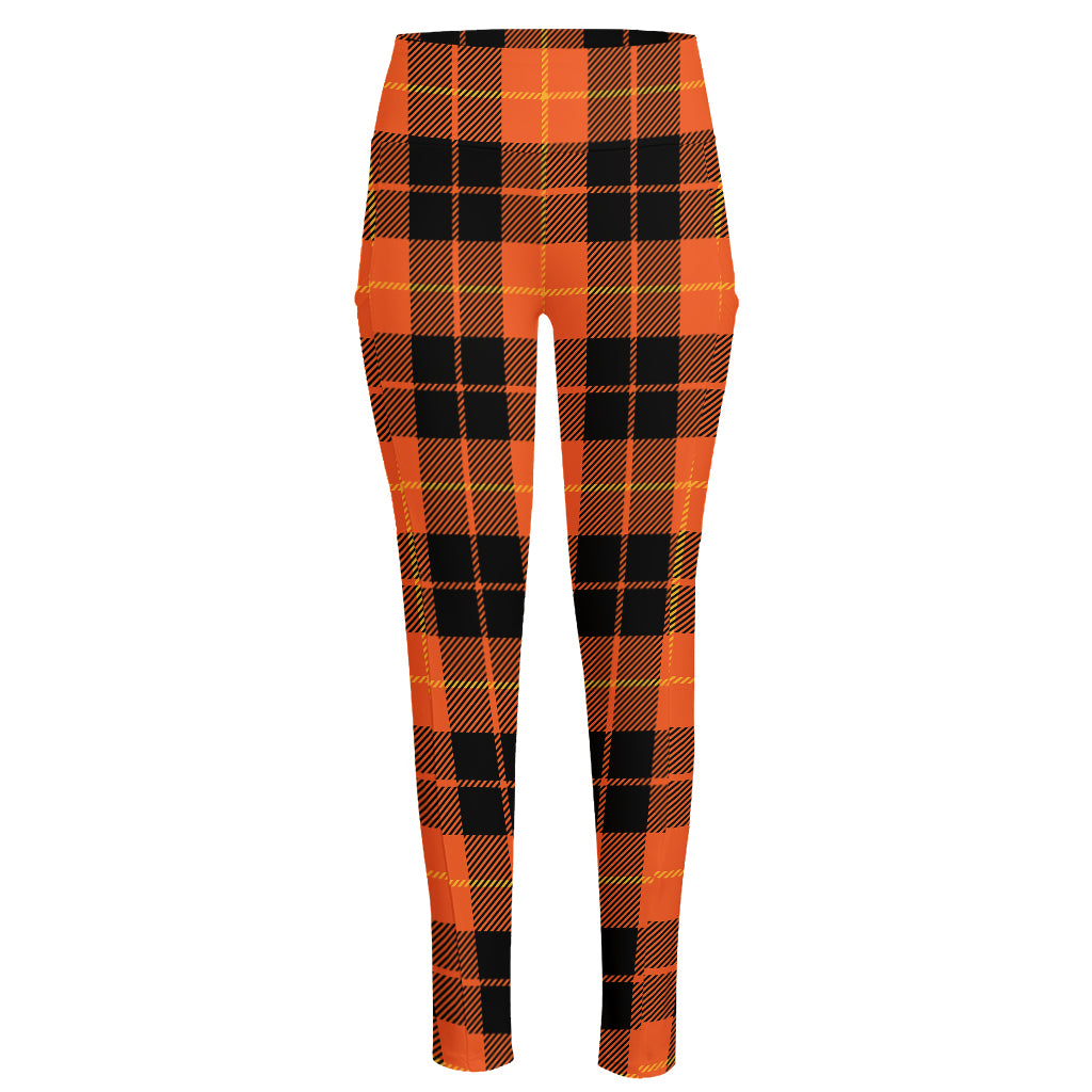 Orange Black And Yellow Tartan Print High-Waisted Pocket Leggings