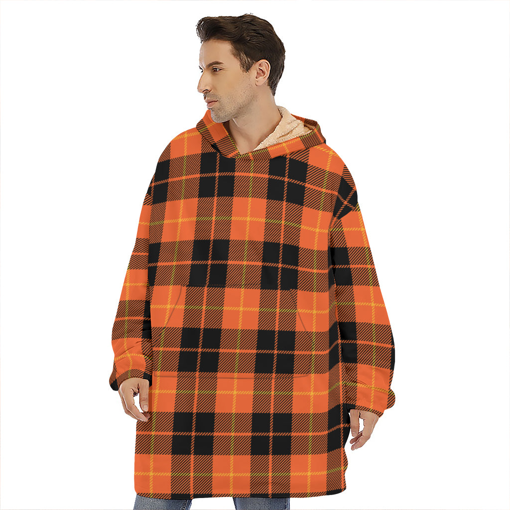 Orange Black And Yellow Tartan Print Hoodie Blanket