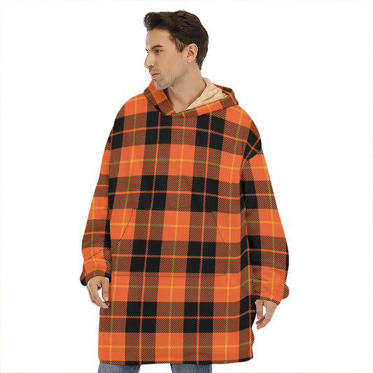 Orange Black And Yellow Tartan Print Hoodie Blanket