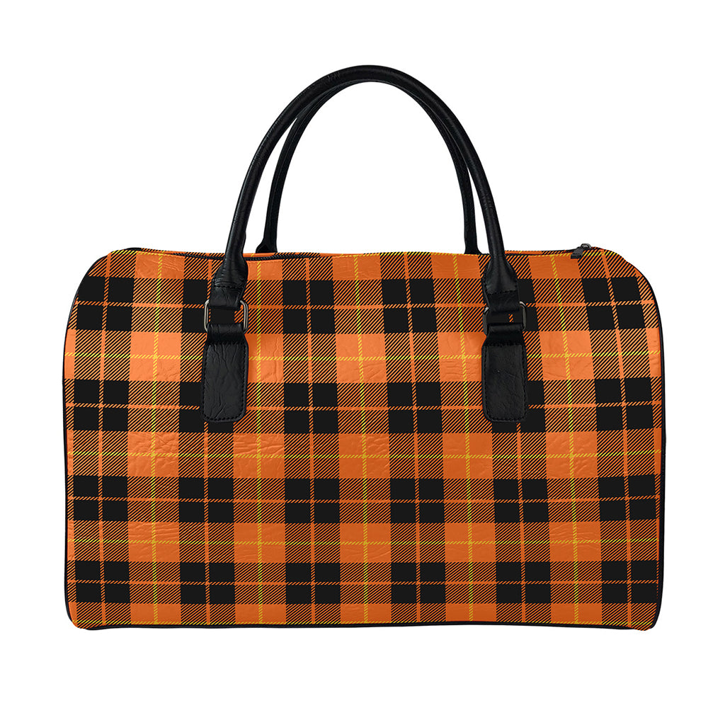 Orange Black And Yellow Tartan Print Leather Duffle Bag