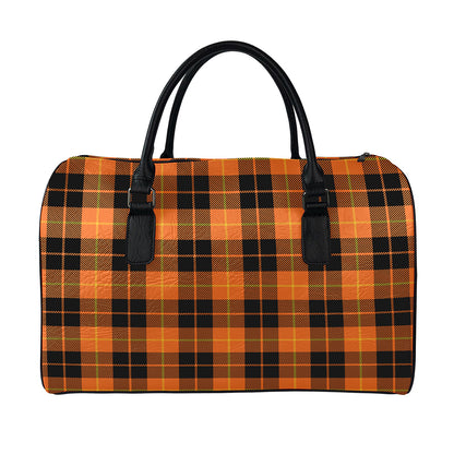 Orange Black And Yellow Tartan Print Leather Duffle Bag