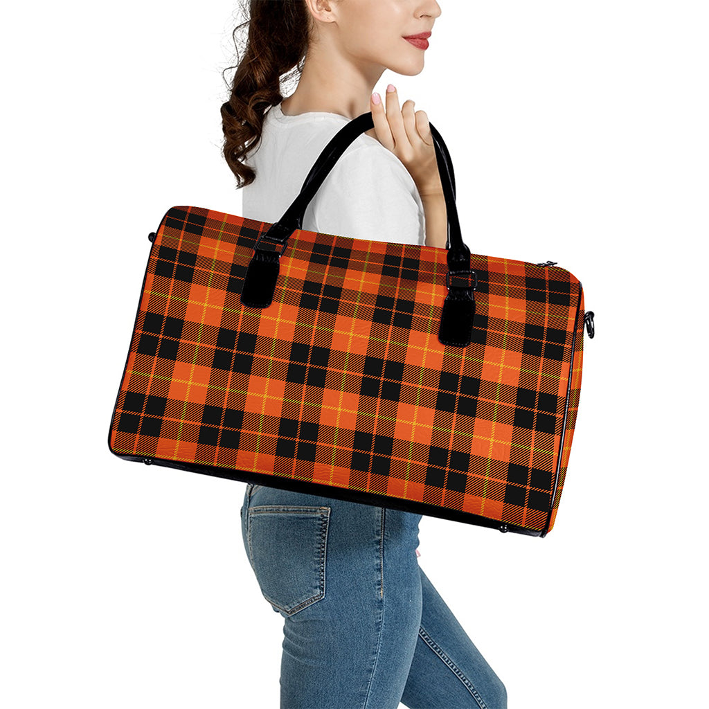 Orange Black And Yellow Tartan Print Leather Duffle Bag