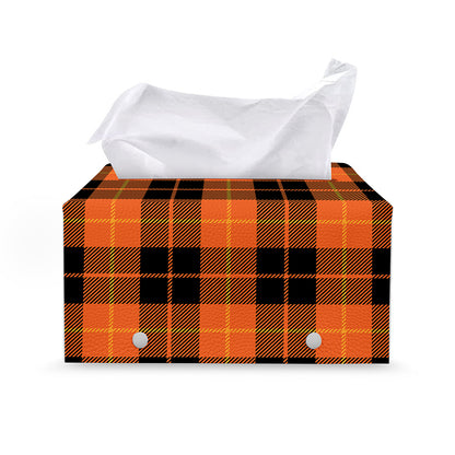 Orange Black And Yellow Tartan Print Leather Tissue Box Cover