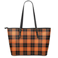 Orange Black And Yellow Tartan Print Leather Tote Bag With Zipper
